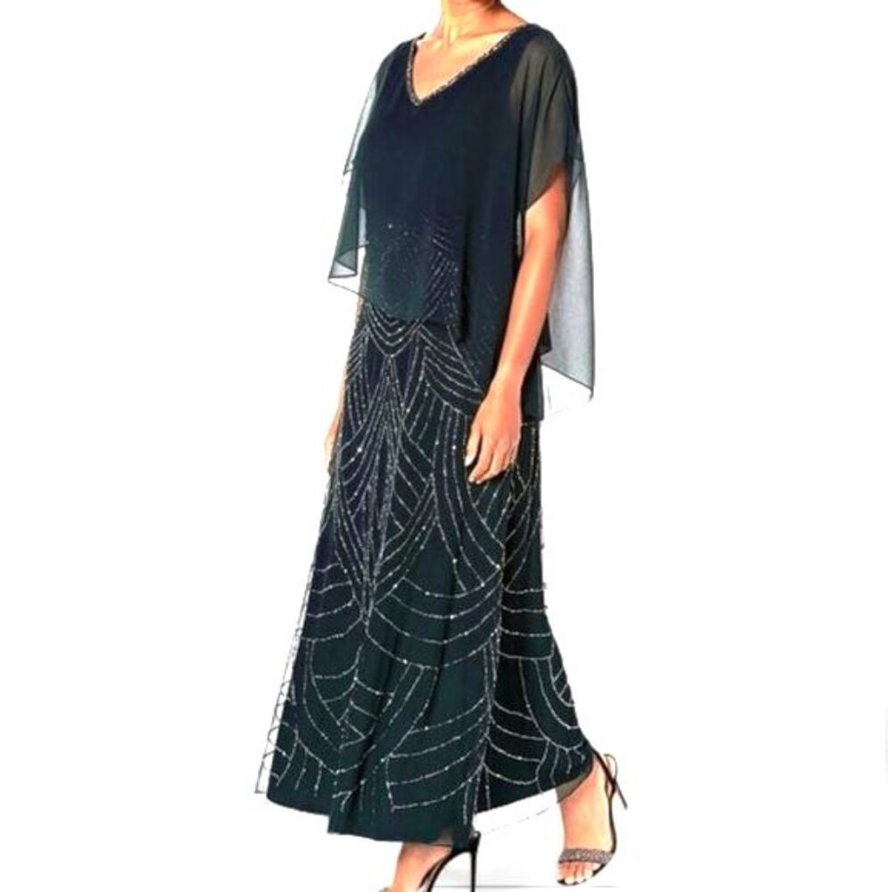 JKARA Sheer Capelet Blk Sparkle Beaded Evening Dress Size 16 EUC